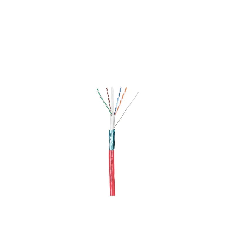 This Cat 6 F/UTP copper cable is constructed of 23 AWG solid copper conductors with HDPE insulation. The copper conductors are twisted in pairs and wrapped with a foam polypropylene tape to form a core. All four pairs are covered with an industrially rated black PVC jacket which is oil and sunlight resistant and flame retardant. The cable is supplied 305 meters (1,000 feet) to a reel and black.