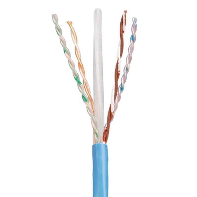 The TX6000 Enhanced Cat 6 U/UTP copper cable is constructed of 23 AWG copper conductors with FEP/HDPE insulation. The conductors are twisted in pairs and separated by a cross divider. All four pairs are surrounded by a PVC flame-retardant jacket. The white, plenum (CMP) cable is supplied 1,000 feet (305 meters) to an easy pay-out carton.