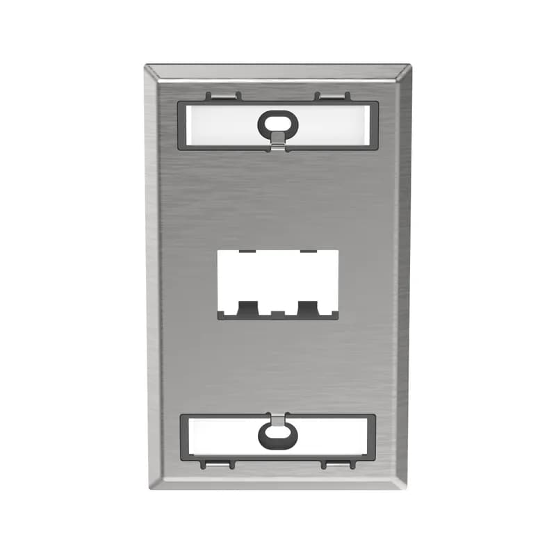 Mini-Com Stainless Steel Faceplate accepts two Mini-Com modules. The faceplate is single gang and mounts to NEMA standard single gang opening. Includes a label pocket for easy identification and is made of impact resistant material to support installations in high traffic areas. Faceplate is TAA compliant.