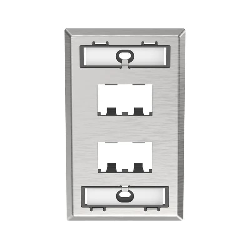 Mini-Com Stainless Steel Faceplate accepts four Mini-Com modules. The faceplate is single gang and mounts to NEMA standard single gang opening. Includes a label pocket for easy identification and is made of impact resistant material to support installations in high traffic areas. Faceplate is TAA compliant.