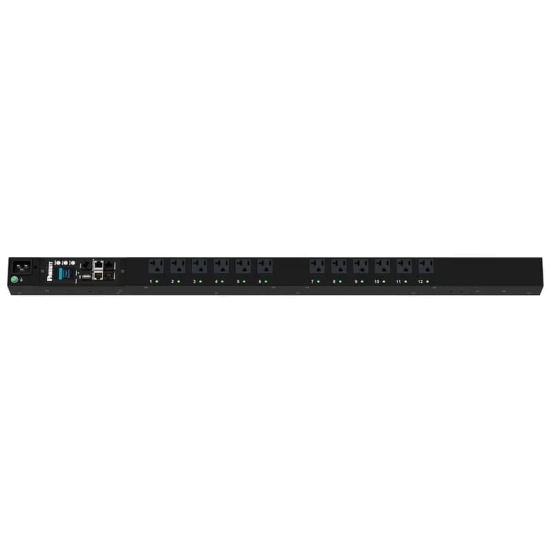 The Panduit G6 Monitored Switched PDU features (12) 5-20R outlets. It is a 20 amp, 120 V, single phase PDU with a NEMA L5-20P input plug and a 10 foot (3m) power cord. The PDU is black.