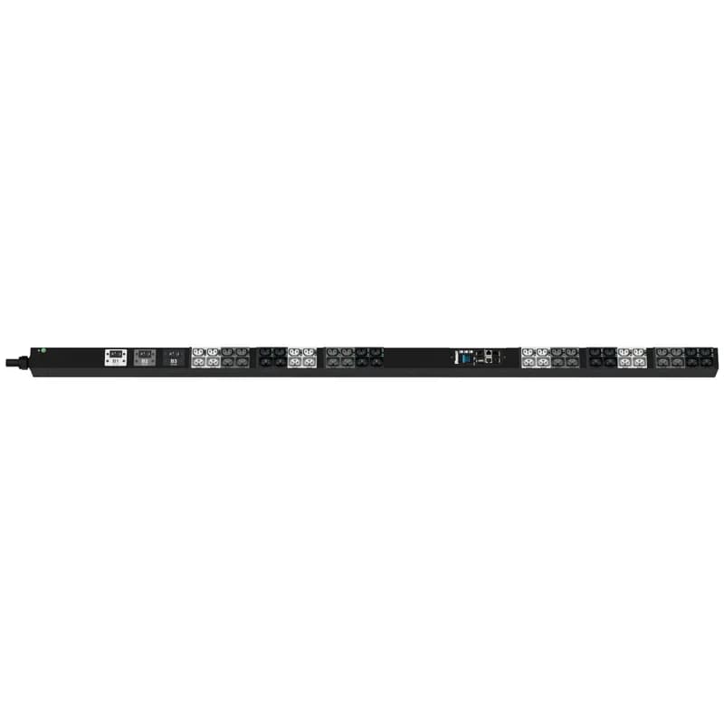 The Panduit G6 Monitored Switched PDU features (24)C13/C15, (24)C13/15/C19/C21 outlets. This PDU is designed with combination outlets which allows the receptacle to be used as an C13/C15/C19 or C21 outlet. It is a 30 amp 208V three phase PDU with an NEMA L21-30P input plug and a 10 foot (3m) power cord. The PDU is black.
