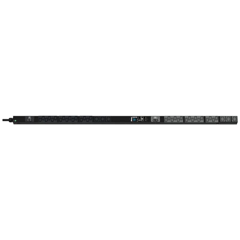 The Panduit G6 Monitored Input PDU features (32) C13 and (6) C19 outlets. It is a 30 amp, 208 V, single phase PDU with a NEMA L6-30P input plug and a 10 foot (3m) power cord. The PDU is black.