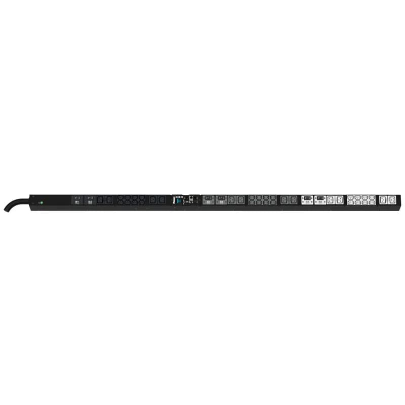 The Panduit G6 Monitored Input PDU features (24) C13 and (12) C19 outlets. It is a 60 amp, 208 V, three phase PDU with an IEC 60309 3P+E 9h 60A (IP44) input plug and a 10 foot (3m) power cord. The PDU is black.