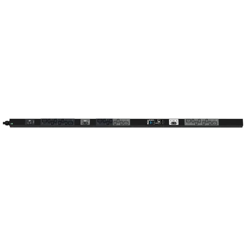 The Panduit G6 Monitored & Switched per Outlet PDU features (18) C13 and (6) C19 outlets. It is a 30 amp, 208 V, three phase PDU with a NEMA L21-30P input plug and a 10 foot (3m) power cord. The PDU is black.