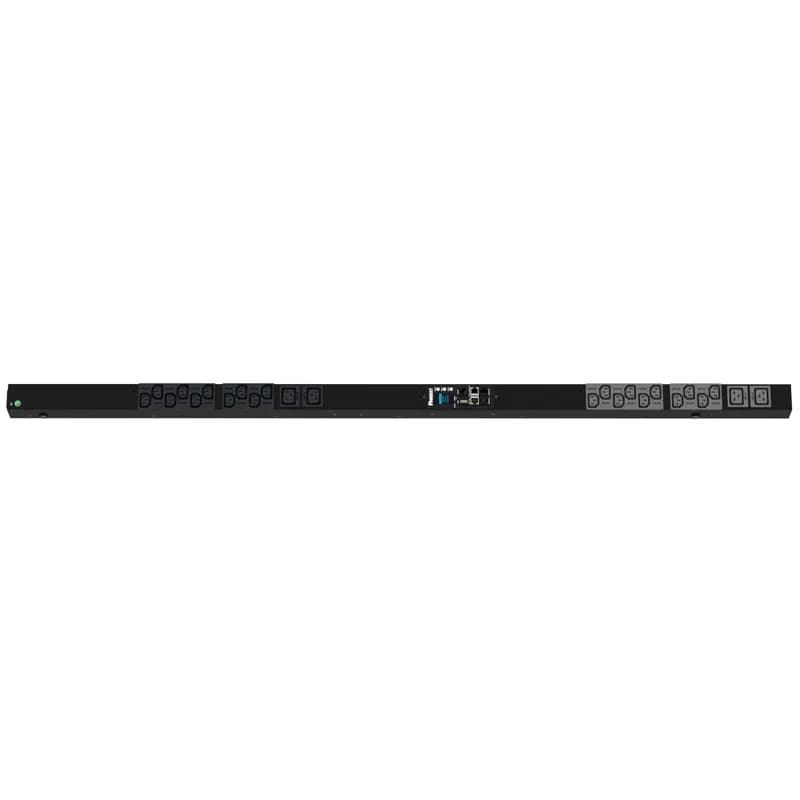 The Panduit G6 Monitored Input PDU features (20) C13 and (4) C19 outlets. It is a 20 amp, 208 V, single phase PDU with a NEMA L6-20P input plug and a 10 foot (3m) power cord. The PDU is black.