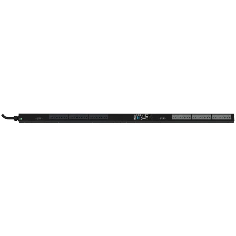 The Panduit G6 Monitored Input PDU features (24) 5-20R outlets. It is a 30 amp, 120 V, single phase PDU with a NEMA L5-30P input plug and a 10 foot (3m) power cord. The PDU is black.