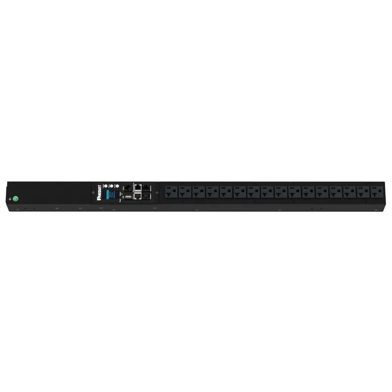 The Panduit G6 Monitored Input PDU features (16) 5-20R outlets. It is a 15 amp, 120 V, single phase PDU with a NEMA 5-15P input plug and a 10 foot (3m) power cord. The PDU is black.