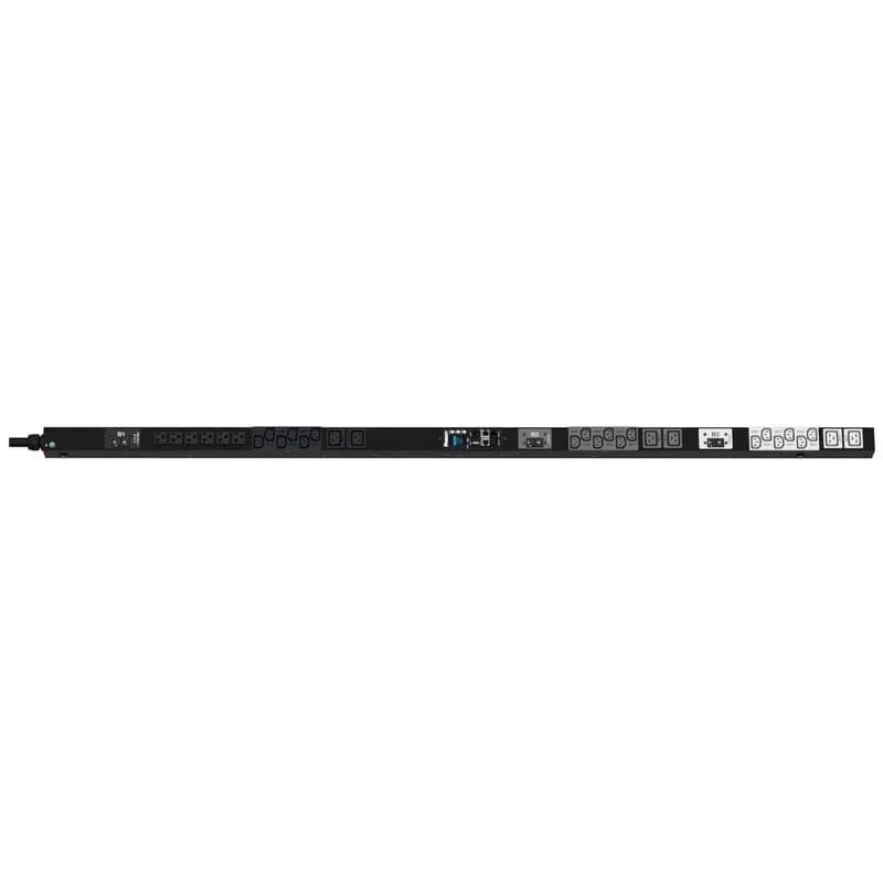 The Panduit G6 Monitored Input PDU features (18) C13, (6) C19 and (6) 5-20R outlets. It is a 30 amp, 208 V, three phase PDU with a NEMA L21-30P input plug and a 10 foot (3m) power cord. The PDU is black.