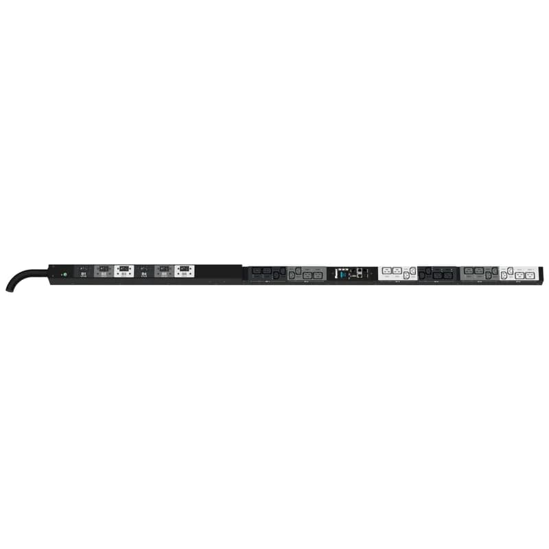 The Panduit G6 Monitored Switched PDU features (12) C13 and (12) C19 outlets. It is a 60 amp, 208 V, three phase PDU with a IEC 60309 3P+E 9h 60A (IP44) input plug and a 10 foot (3m) power cord. The PDU is black.