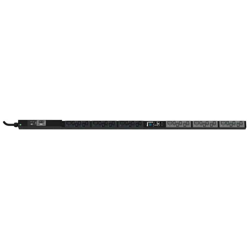 The Panduit G6 Monitored & Switched per Outlet PDU features (30) C13 and (6) C19 outlets. It is a 30 amp, 208 V, single phase PDU with a NEMA L6-30P input plug and a 10 foot (3m) power cord. The PDU is black.