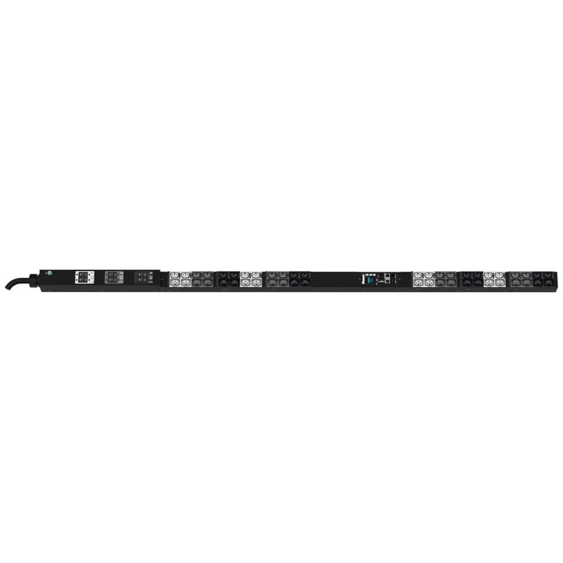 The Panduit G6 Monitored Input PDU features (24)C13/C15, (24)C13/15/C19/C21 outlets. This PDU is designed with combination outlets which allows the receptacle to be used as an C13/C15/C19 or C21 outlet. It is a Dual Rated 30/32 amp 415V three phase PDU with an IEC 60309 3P+N+E 6h 30A/32A (IP44) input plug and a 10 foot (3m) power cord. The PDU is black.