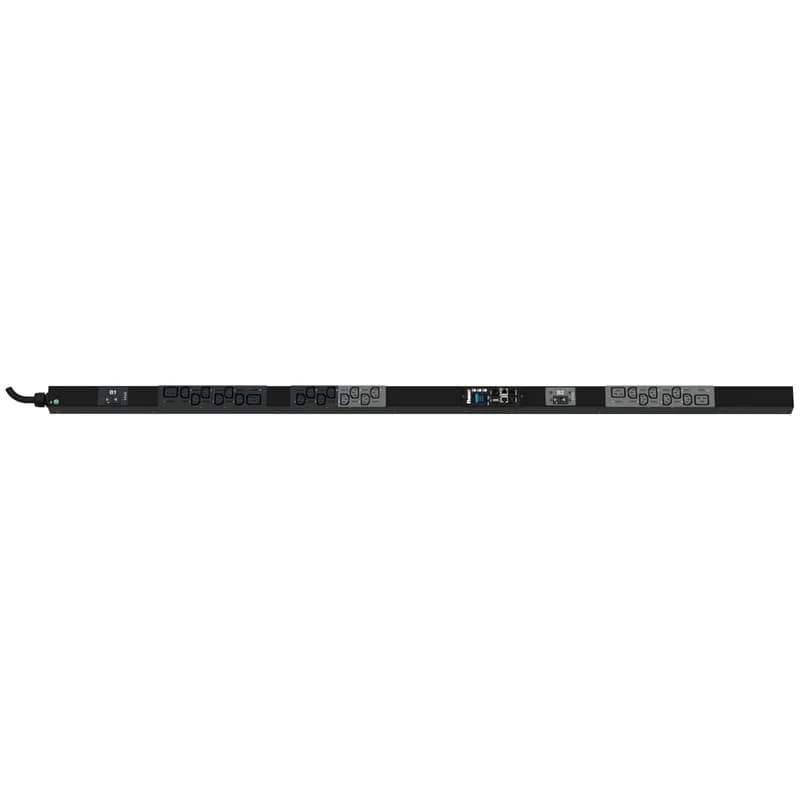 The Panduit G6 Monitored Per Outlet PDU features (20) C13 and (4) C19 outlets. It is a 30 amp, 208 V, single phase PDU with a NEMA L6-30P input plug and a 10 foot (3m) power cord. The PDU is black.