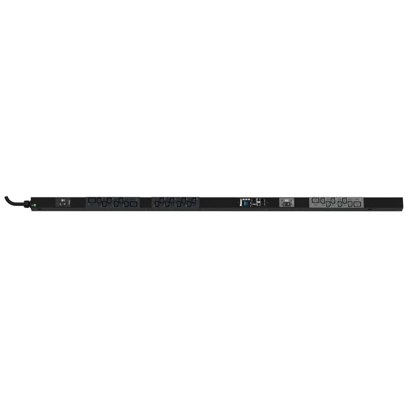 The Panduit G6 Monitored & Switched per Outlet PDU features (20) C13 and (4) C19 outlets. It is a 30 amp, 208 V, single phase PDU with a NEMA L6-30P input plug and a 10 foot (3m) power cord. The PDU is black.