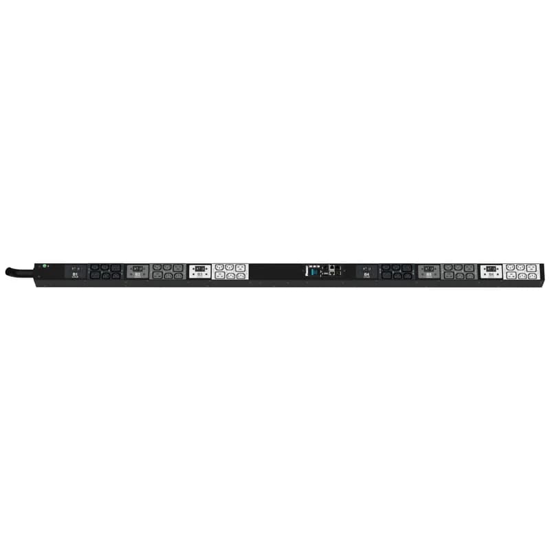 The Panduit G6 Monitored & Switched per Outlet PDU features (24) C13 and (12) C19 outlets. It is a 50 amp, 208 V, 3 phase PDU with a CS8365 input plug and a 10 foot (3m) power cord. The PDU is black.