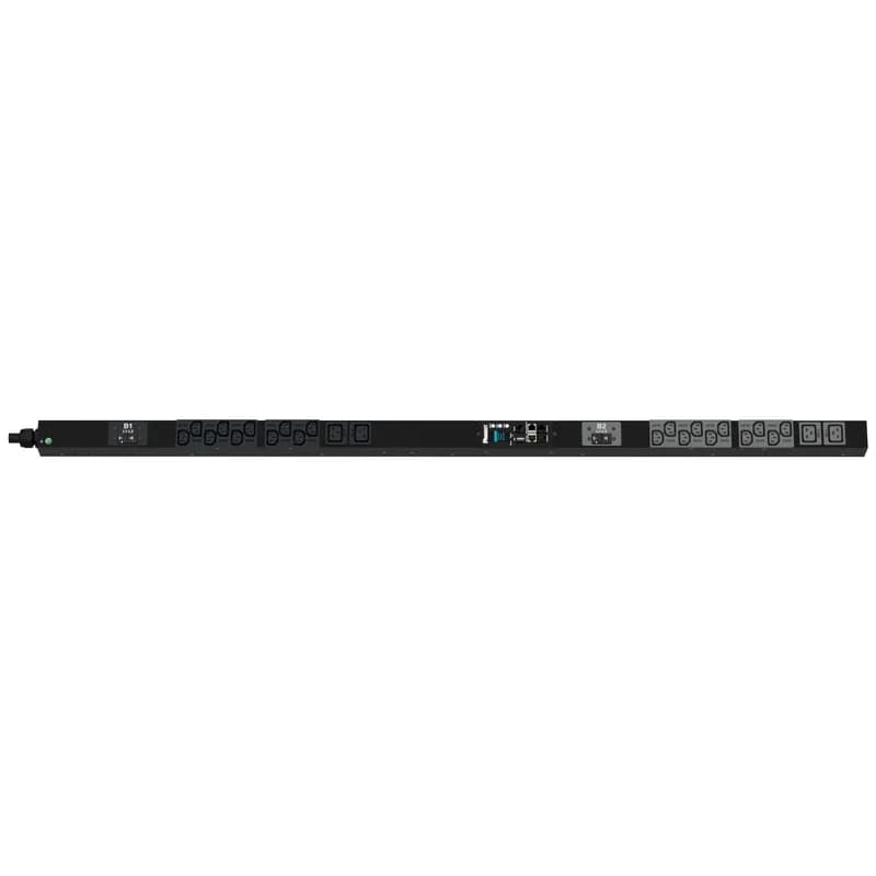 The Panduit G6 Monitored Input PDU features (20) C13 and (4) C19 outlets. It is a 30 amp, 208 V, single phase PDU with a NEMA L6-30P input plug and a 10 foot (3m) power cord. The PDU is black.