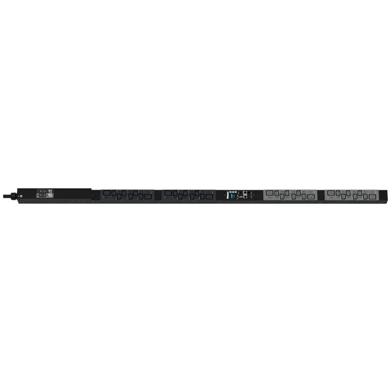 The Panduit G6 Monitored Switched PDU features (24) C13 and (8) C19 outlets. It is a Dual Rated 30/32 amp, 240/230V, single phase PDU with IEC 60309 2P+E 6h 30/32A (IP44) input plug and a 10 foot (3m) power cord. The PDU is black.