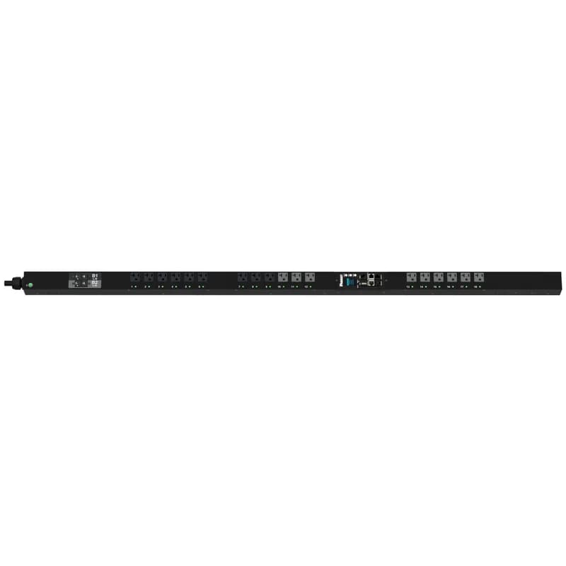 The Panduit G6 Monitored Switched PDU features (18) 5-20R outlets. It is a 30 amp, 120 V, single phase PDU with a NEMA L5-30P input plug and a 10 foot (3m) power cord. The PDU is black.