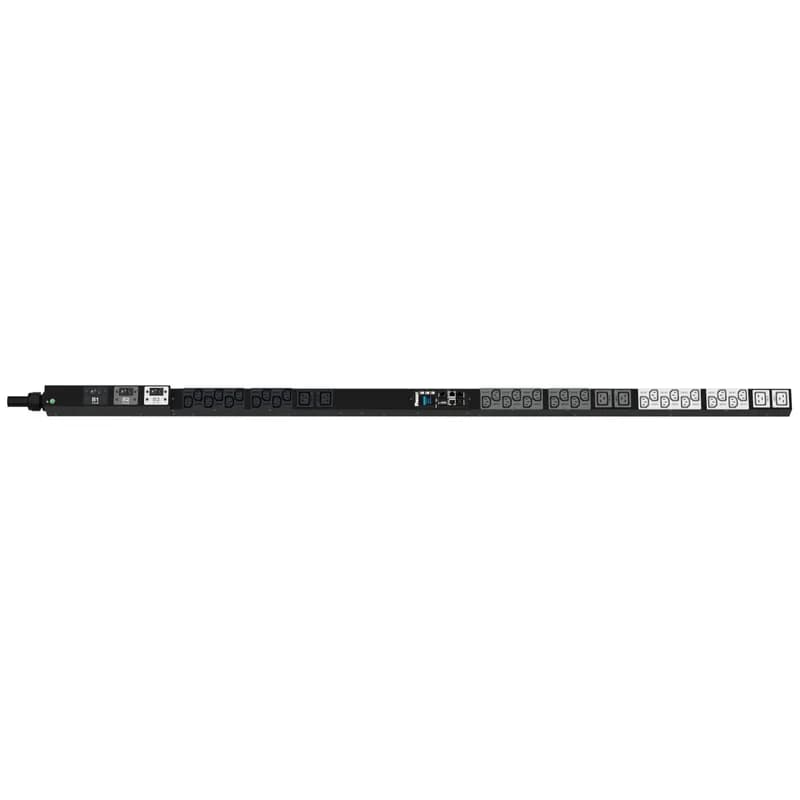 The Panduit G6 Monitored Input PDU features (30) C13 and (6) C19 outlets. It is a 50 amp, 208 V, single phase PDU with a CS8265 input plug and a 10 foot (3m) power cord. The PDU is black.