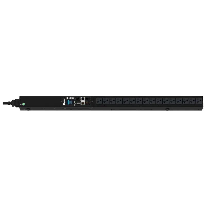 The Panduit G6 Monitored Input PDU features (16) 5-20R outlets. It is a 20 amp, 120 V, single phase PDU with a NEMA L5-20P input plug and a 10 foot (3m) power cord. The PDU is black.