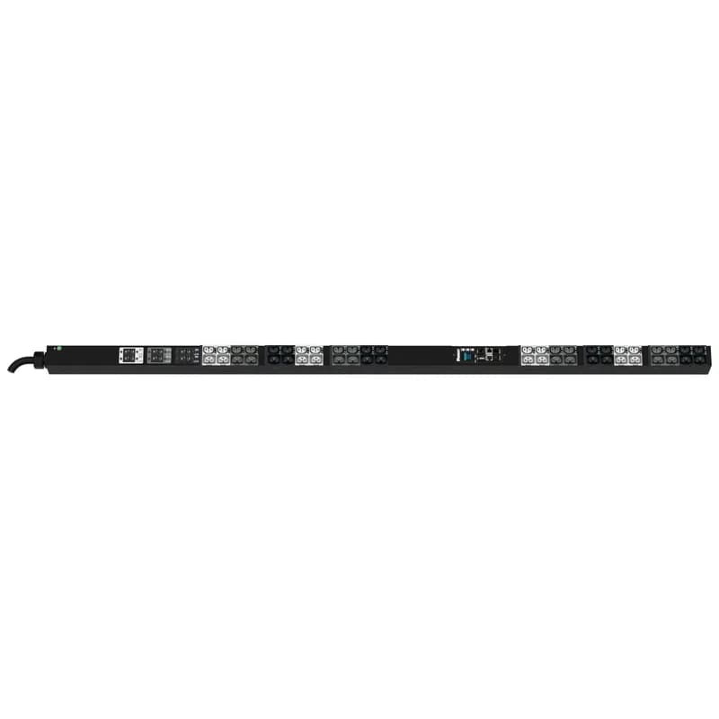 The Panduit G6 Monitored Switched PDU features (24)C13/C15, (24)C13/15/C19/C21 outlets. This PDU is designed with combination outlets which allows the receptacle to be used as an C13/C15/C19 or C21 outlet. It is a Dual Rated 30/32 amp 415V three phase PDU with an IEC 60309 3P+N+E 6h 30A/32A (IP44) input plug and a 10 foot (3m) power cord. The PDU is black.
