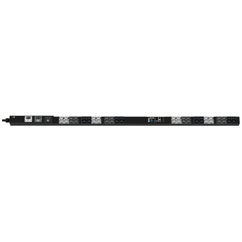 The Panduit G6 Monitored Input PDU features (24)C13/C15, (24)C13/15/C19/C21 outlets. This PDU is designed with combination outlets which allows the receptacle to be used as an C13/C15/C19 or C21 outlet. It is a 30 amp 208V three phase PDU with an L15-30P input plug and a 10 foot (3m) power cord. The PDU is black.