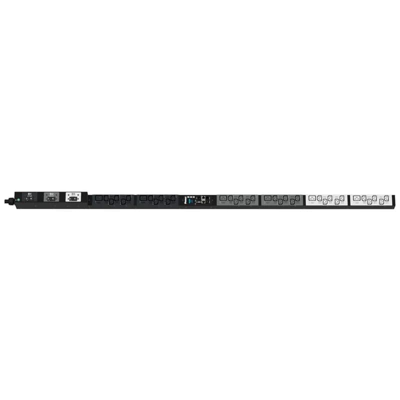 The Panduit G6 Monitored Switched PDU features (30) C13 and (6) C19 outlets. It is a 30 amp, 208 V, three phase PDU with a NEMA L21-30P input plug and a 10 foot (3m) power cord. The PDU is black.