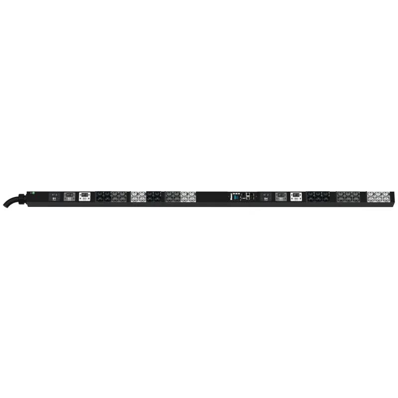 The Panduit G6 Monitored Switched PDU features (21)C13/C15, (21)C13/15/C19/C21 outlets. This PDU is designed with combination outlets which allows the receptacle to be used as an C13/C15/C19 or C21 outlet. It is a 60 amp 208V three phase PDU with an IEC 60309 3P+E 9h 60A (IP44) input plug and a 10 foot (3m) power cord. The PDU is black.