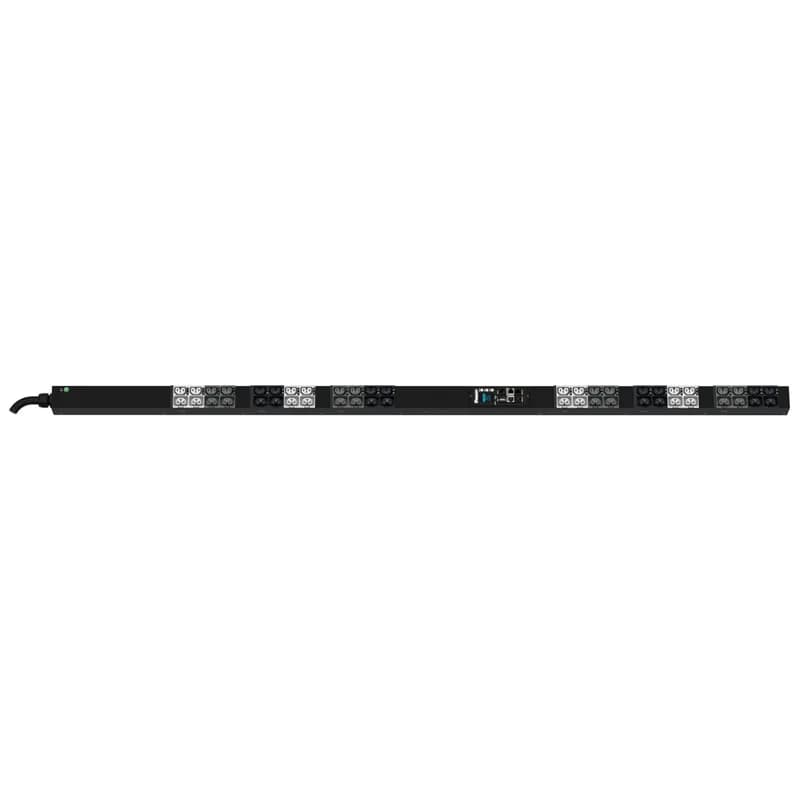 The Panduit G6 Monitored Input PDU features (24)C13/C15, (24)C13/15/C19/C21 outlets. This PDU is designed with combination outlets which allows the receptacle to be used as an C13/C15/C19 or C21 outlet. It is a Dual Rated 20/16 amp 415V three phase PDU with an IEC 60309 3P+N+E 6h 20A/16A (IP44) input plug and a 10 foot (3m) power cord. The PDU is black.