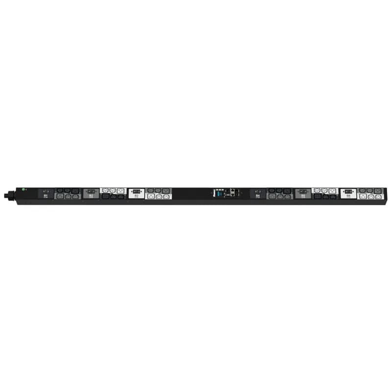 The Panduit G6 Monitored & Switched per Outlet PDU features (24) C13 and (12) C19 outlets. It is a 30A (NA)/ 32A (EU), 415 V, 3 phase PDU with a IEC 60309 3P+E 6h (IP44) input plug and a 10 foot (3m) power cord. The PDU is black.