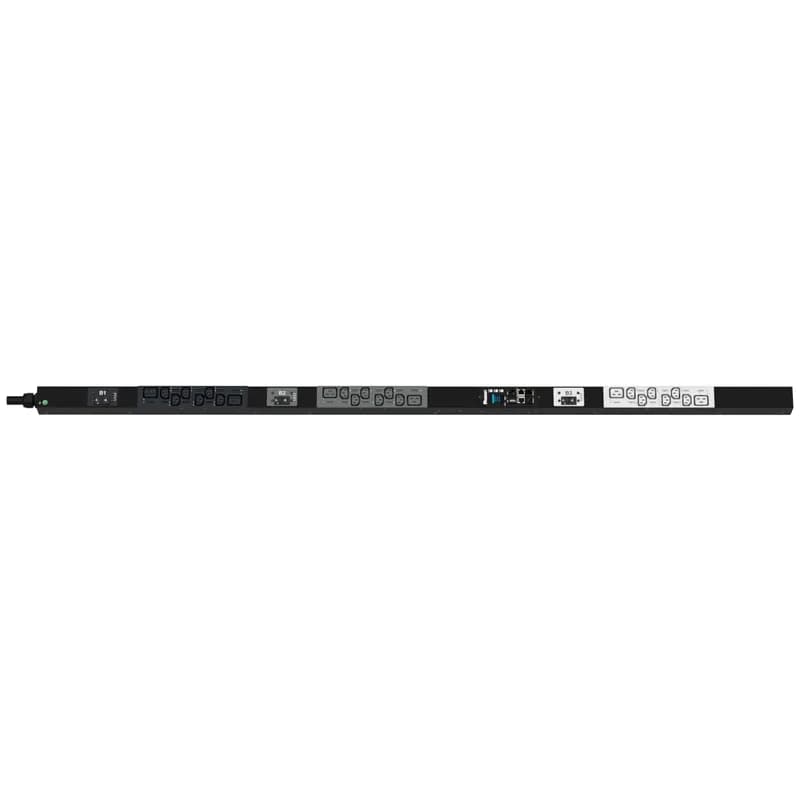 The Panduit G6 Monitored Switched PDU features (18) C13 and (12) C19 outlets. It is a 30 amp, 208 V, three phase PDU with a NEMA L21-30P input plug and a 10 foot (3m) power cord. The PDU is black.