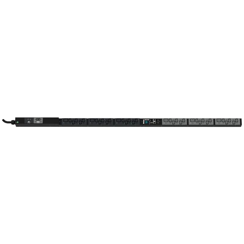 The Panduit G6 Monitored Switched PDU features (30) C13 and (6) C19 outlets. It is a 30 amp, 208 V, single phase PDU with a NEMA L6-30P input plug and a 10 foot (3m) power cord. The PDU is black.