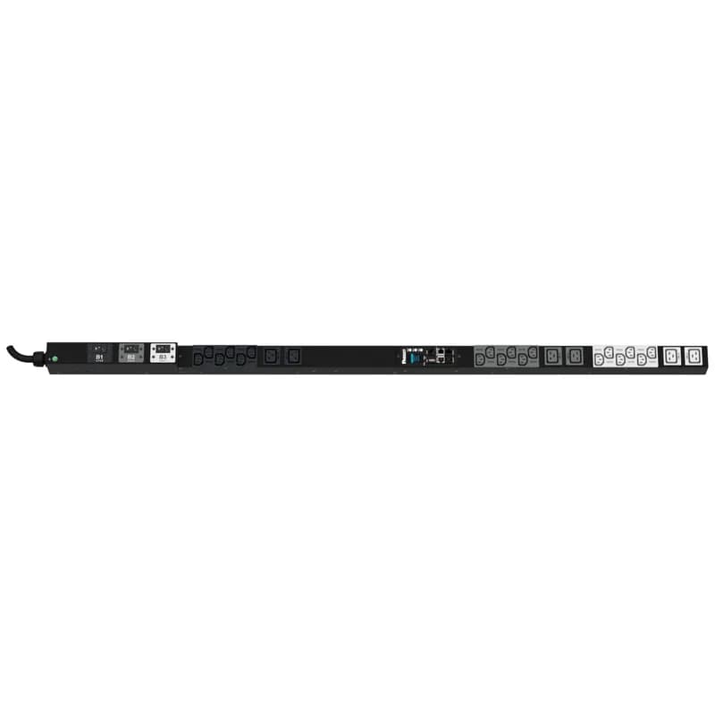 The Panduit G6 Monitored Input PDU features (18) C13 and (6) C19 outlets. It is a 30 amp, 208 V, three phase PDU with a NEMA L15-30P input plug and a 10 foot (3m) power cord. The PDU is black.