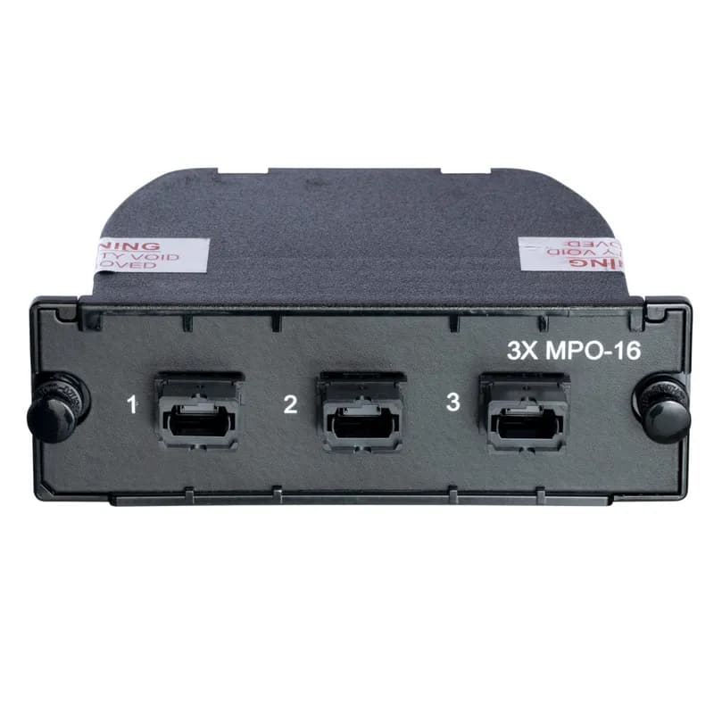Panduit FC49N-48-463MU - The Opticom Base-12 to Base-16 Conversion Cassette is a 48-fiber OS2 MPO-12 to MPO-16 6-port cassette, with three MPO-16 male pin adapters on the front and four MPO-12 male pin adapters on the rear. It has standard insertion loss.
