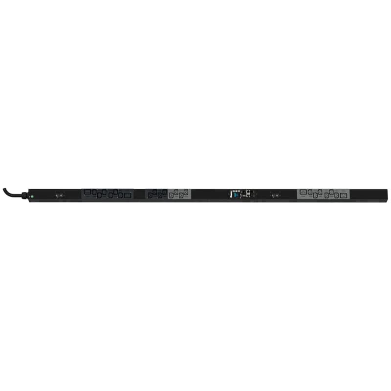 The Panduit G6 Monitored Switched PDU features (20) C13 and (4) C19 outlets. It is a 30 amp, 208 V, single phase PDU with a NEMA L6-30P input plug and a 10 foot (3m) power cord. The PDU is black.