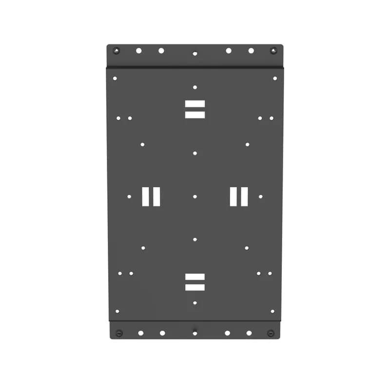 The WMEMB is a versitle mounting bracket that quickly snaps into Panduit's WMEBP panel. The flexible design includes bracket holes that can suport the FMPS receiver, various sized inverters, and vertical or horizontal DIN rails, among other accessories. Slots for TakTy mounting also support cable and accessory management. Grounding studs included.