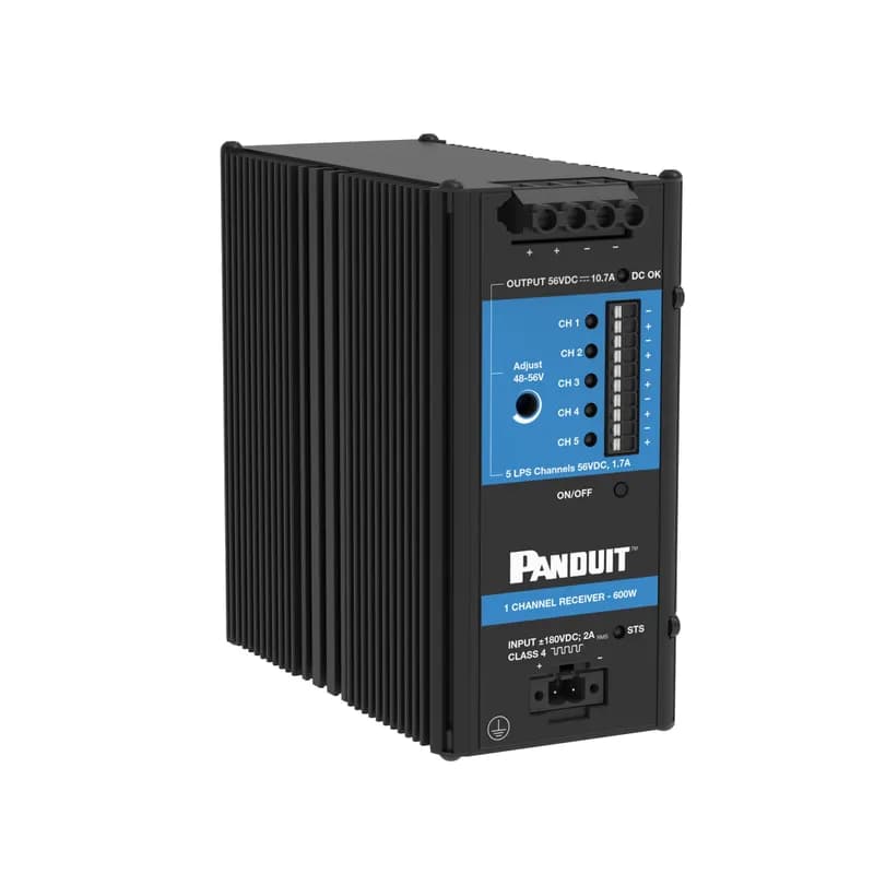 Panduit PXR1AFFNA - Our FMPS Class 4 Receiver with 600W, adjustable 48-56VDC output, utilizes one 600W output and five 100W LPS outputs. The FMPS receiver includes connectors, a DIN mount bracket and a grounding lug.
