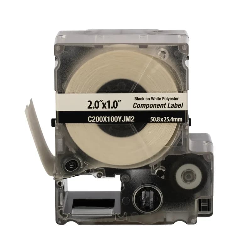 Panduit C200X100YJM2 - PXE™ Bulk Cassette, Component Label, Adhesive Polyester, 2.00 Inch Wide x 1.00 Inch High, White, includes both label material and ribbon to make changing labels easy. Multi-purpose labels for identifying flat surfaces such as components, control panels, circuit boards and general labeling. Die-cut labels designed to provide maximum aesthetic quality and appearance. Vinyl cloth labels can be repositioned or reused. High-Tack adhesive labels are ideal for rough, textured, or coated surfaces.