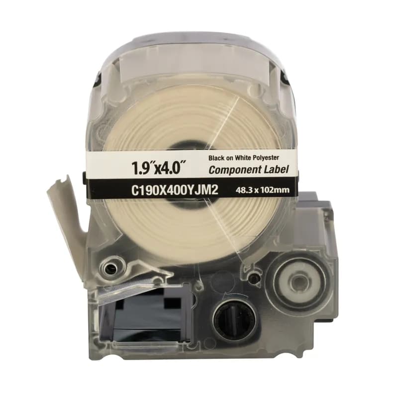 Panduit C190X400YJM2 - PXE™ Bulk Cassette, Component Label, Adhesive Polyester, 1.90 Inch Wide x 4.00 Inch High, White, includes both label material and ribbon to make changing labels easy. Multi-purpose labels for identifying flat surfaces such as components, control panels, circuit boards and general labeling. Die-cut labels designed to provide maximum aesthetic quality and appearance. Vinyl cloth labels can be repositioned or reused. High-Tack adhesive labels are ideal for rough, textured, or coated surfaces.