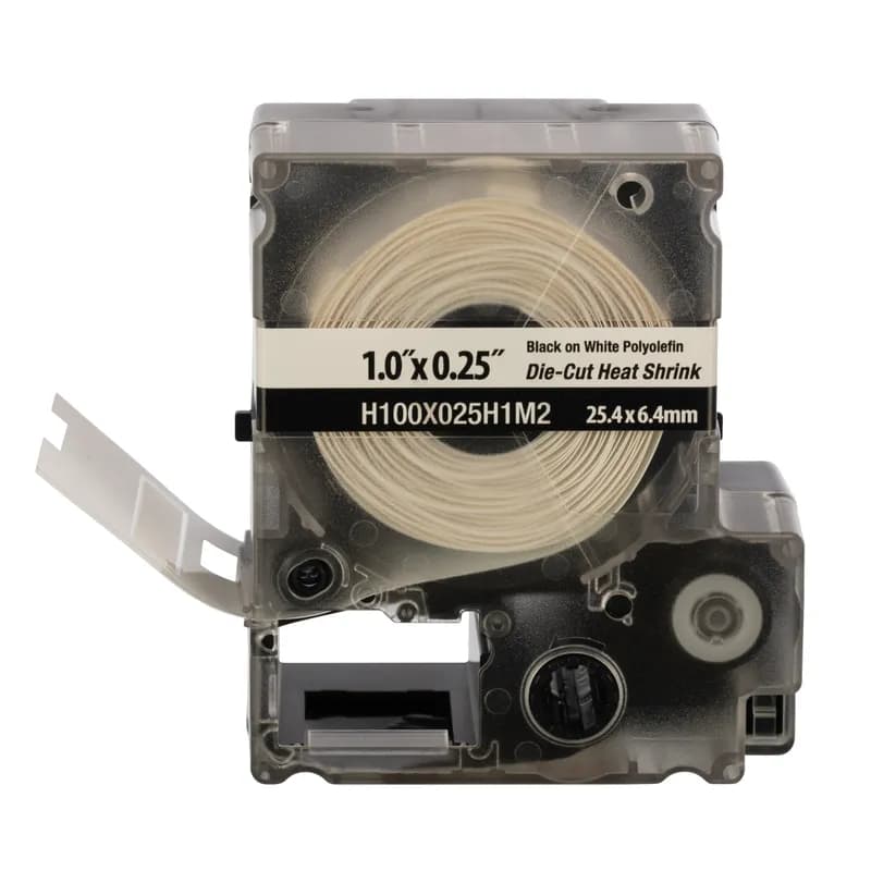 Panduit H100X025H1M2 - The PXE™ Military-Grade Polyolefin Die-Cut Heat Shrink Labels are fast loading and include both label material and ribbon to make changing labels easy. Compatiable with Easy-Mark™ Labeling Software. For use with MP500 and MP550 Printers. Shrink ratio 3:1. 0.26" W x 1.00' L (6.6 mm x 25.4 mm) Cable diameter 0.043" - 0.134" (1.1 mm - 3.4 mm) Color White.