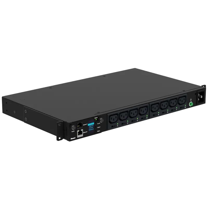 Panduit P08E25M - This Panduit™ G5 Monitored Switched PDU features (8) C13 outlets. It is a 16 amp, 230 V, single phase PDU with an IEC 60309 2P+E 6h 16A (IP44) input plug and a 10 foot (3m) power cord.