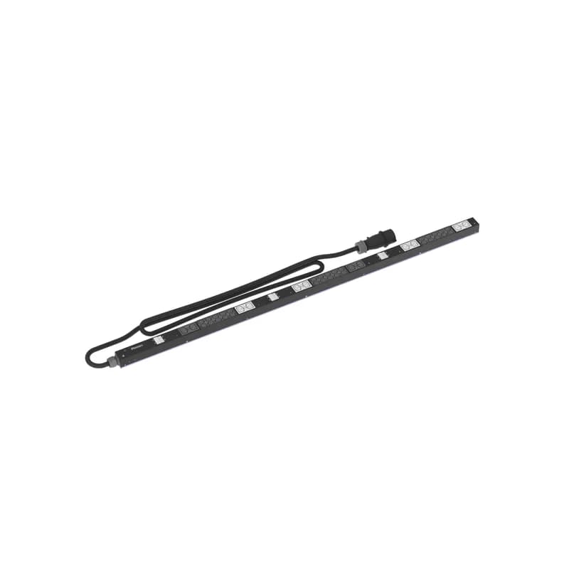This Panduit™ G5 Basic PDU features (30) C13 and (12) C19 outlets. It is a 32 amp, 400 V, three phase PDU with an IEC 60309 3P+N+E 6h 32A (IP44) input plug and a 10 foot (3m) power cord. The PDU is black.