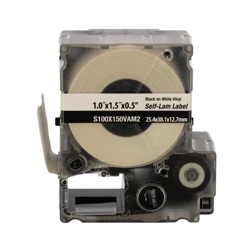 Panduit S100X150VAM2 - The PXE™ Die-Cut Self-Laminating Label Cassette includes both label material and ribbon for easy changeover. Self-laminating vinyl adhesive labels for wire/cable identification include a white print-on area and a clear overlaminate. For use with the MP500 and MP550 printers. 1.00" x 1.50" (25.4 mm x 38.1 mm) with 0.50" (12.7 mm) print-on area. 180 labels per cassette.