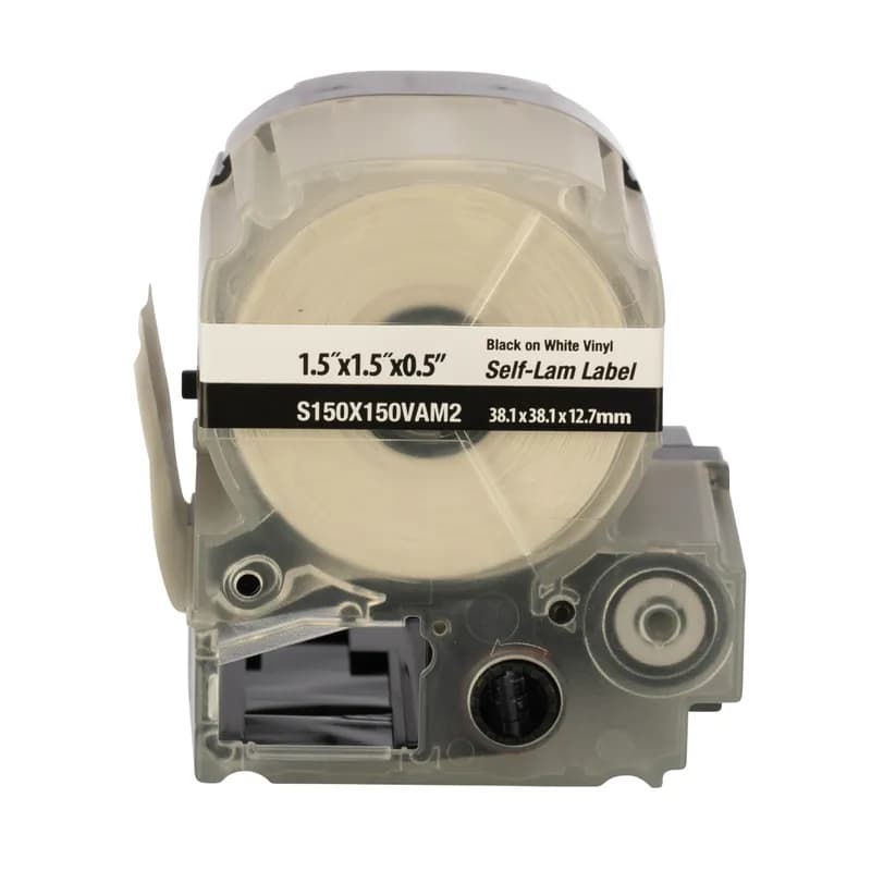 Panduit S150X150VAM2 - The PXE™ Die-Cut Self-Laminating Label Cassette includes both label material and ribbon for easy changeover. Self-laminating vinyl adhesive labels for wire/cable identification include a white print-on area and a clear overlaminate. For use with the MP500 and MP550 printers. 1.50" x 1.50" (38.1 mm x 38.1 mm) with 0.50" (12.7 mm) print-on area. 175 labels per cassette.