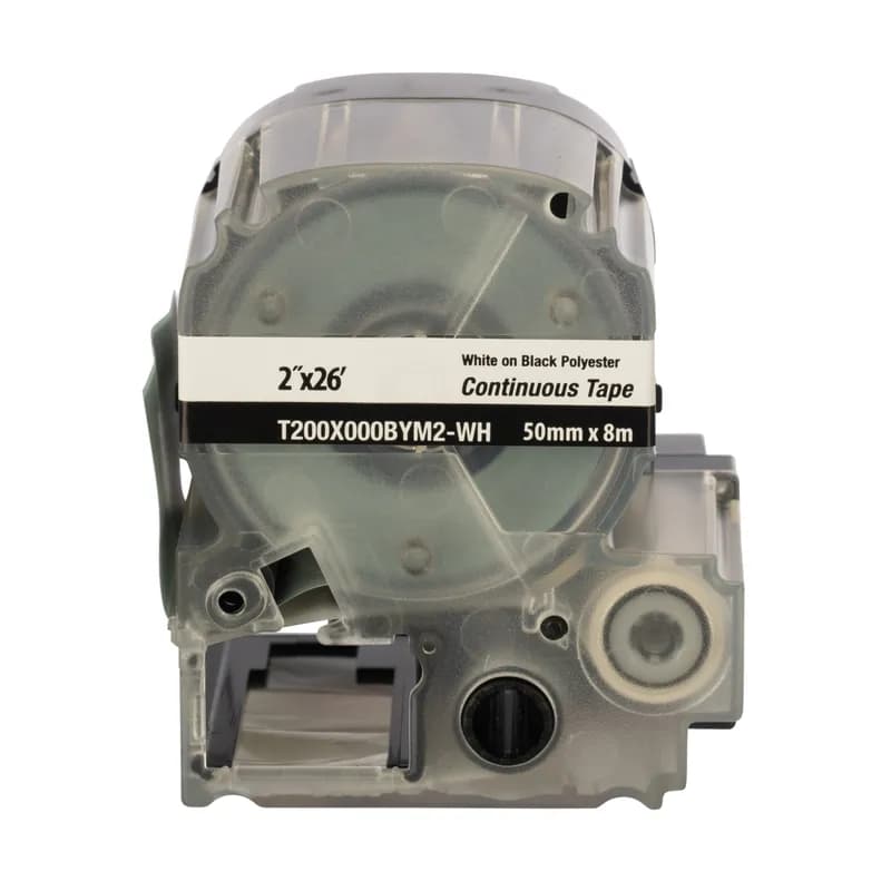 Panduit T200X000BYM2-WH - PXE™ Continuous Tape Bulk, Polyester, 1.97 Inch Wide x 26 Feet Long (50.0mm x 8m), White on Black, includes both label material and ribbon for easy changeover. Print custom pipe markers, voltage markers, signs, bin markers, and network identification labels on demand. For flat label applications only.