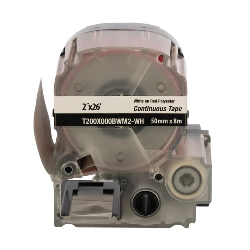 Panduit T200X000BWM2-WH - PXE™ Continuous Tape Bulk, Polyester, 1.97 Inch Wide x 26 Feet Long (50.0mm x 8m), White on Red, includes both label material and ribbon for easy changeover. Print custom pipe markers, voltage markers, signs, bin markers, and network identification labels on demand. For flat label applications only.