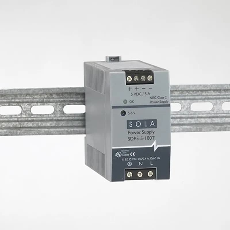 SolaHD SDP5-5-100T - SDP Series Low Power DIN Rail Power Supplies, Input Voltage: 85-264 Vac, 90-375 Vdc, Output Voltage: 5 -6 Vdc , Frequency: 47-63 Hz, Output Current Rating 5 A
