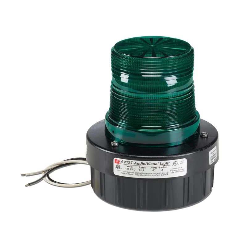 Strobe Combination Audible/Visual Signal, 120VAC, Green - Available in 24VDC and 120VAC. Surface mount, integrated 1/2-inch NPT pipe mount and 4-inch electrical box mount. Five lens colors: Amber, Blue, Clear, Green and Red. Twist-off lens for easy access. Internal buzzer produces 85 dBA at 10 feet (95 dBA at 1m). Conformal coated PCB. Type 3R enclosure. CSA Certified. UL and cUL Listed.