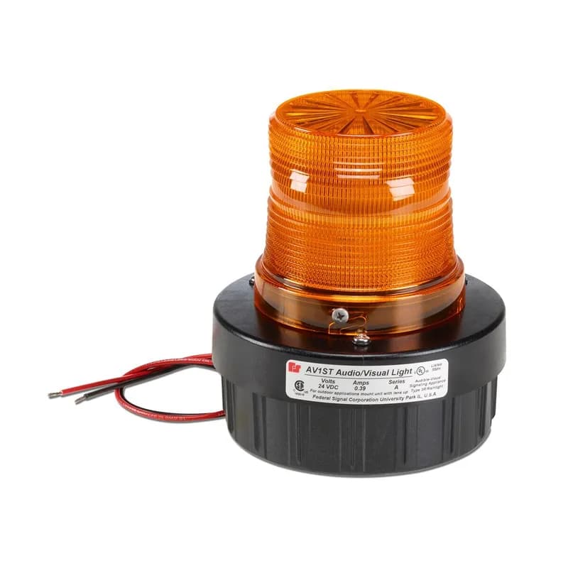 Strobe Combination Audible/Visual Signal, 120VAC, Amber - Available in 24VDC and 120VAC. Surface mount, integrated 1/2-inch NPT pipe mount and 4-inch electrical box mount. Five lens colors: Amber, Blue, Clear, Green and Red. Twist-off lens for easy access. Internal buzzer produces 85 dBA at 10 feet (95 dBA at 1m). Conformal coated PCB. Type 3R enclosure. CSA Certified. UL and cUL Listed.