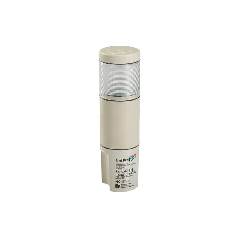 UniStat LED Status Indicator, 120VAC, Quad-Color (Amber, Blue, Green and Red) -Available in 24VDC and 120VAC. Tri- or quad-color models. 50,000 hour vibration resistant LED light source. Available with built-in sounder (Model USIS). Surface mount and integrated 3/4-inch NPT pipe mount. PLC compatible. Indoor use only. Type 4X, IP66 enclosure. Type 1 with sounder, 60 dBa at 10 feet. UL and cUL Listed.